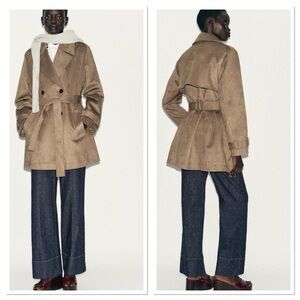 NWT Zara Faux Suede Belted Trench Coat Sz:XL Taupe Brown